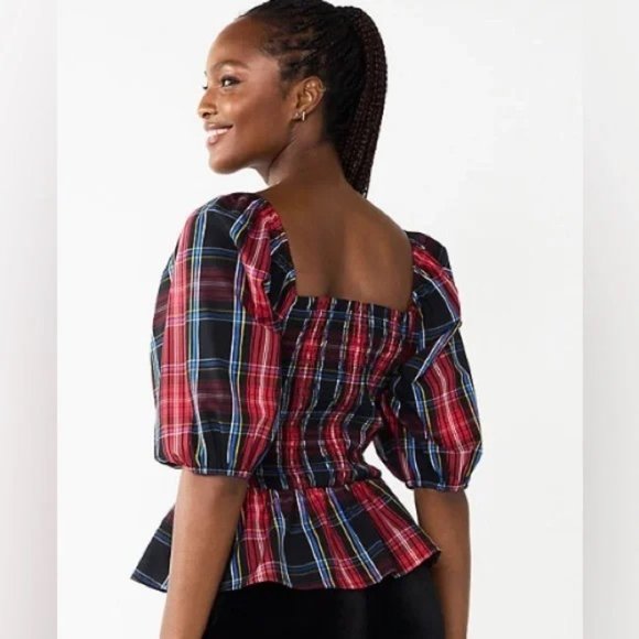 Draper James RSVP Elbow Sleeve Smocked Peplum Top, Size M, Plaid - Picture 5 of 5